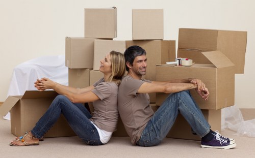 Packed boxes and furniture ready for removals in Edgware
